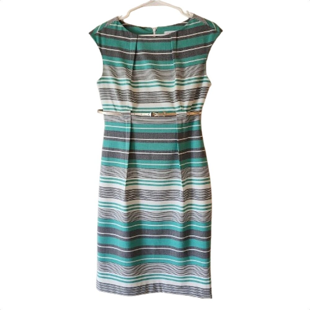 Calvin Klein Size 4 Striped Sheath Dress - Green Gray White + Gold Belt